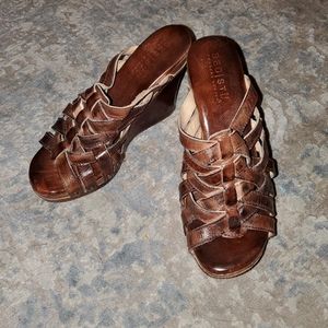 BedSTU Brown Leather Wood Heel Wedge
